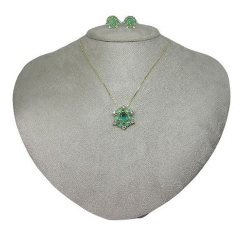 Conjunto Colar E Brinco Pedra Verde Zirconia Oval F Ouro 18k