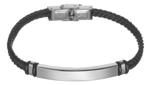 Pulseira Masculina 8 Mm Couro Placa Aço Inox Chapa P Gravar
