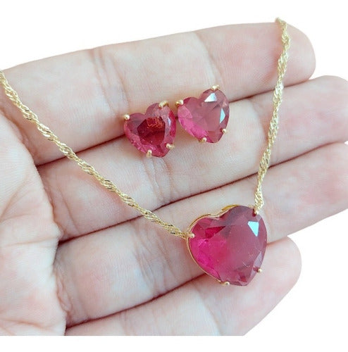 Conjunto Colar E Brinco Coração Pedra Vermelho Marsala