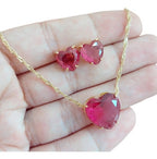 Conjunto Colar E Brinco Coração Pedra Vermelho Marsala