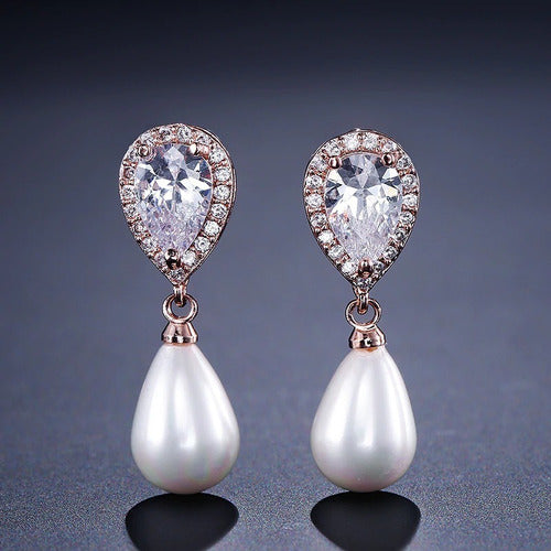 Brinco Noiva Zirconia E Pérola Dourado Delicado Luxo Barato