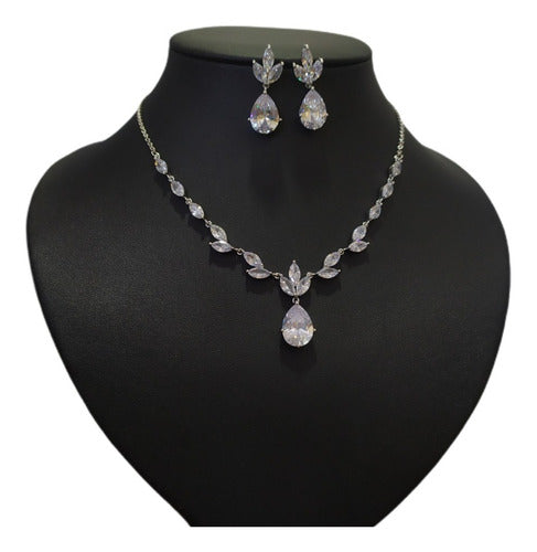 Conjunto Colar Brinco Noiva Pedra Zirconia Prata Gota Festa