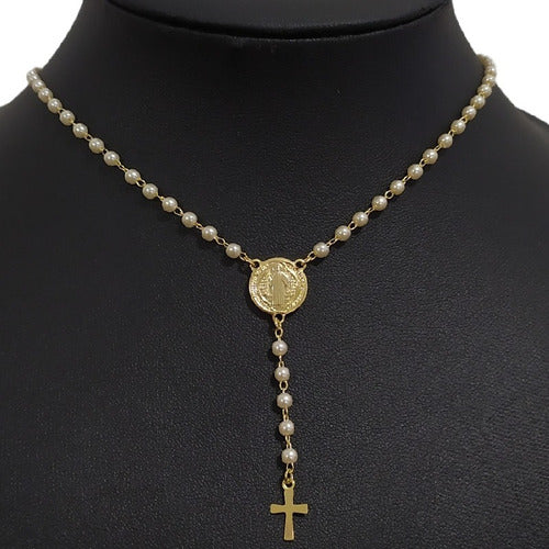 Colar Gravatinha Pérola Terço São Bento Noiva F. Ouro 18k