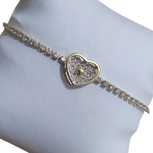 Pulseira Coração Riviera Pedra Zirconia F. Ouro 18k Gravatin