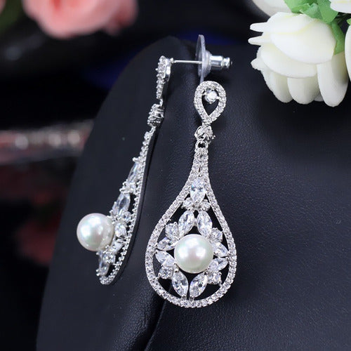 Brinco Noiva Zirconia E Perola Prata Festa Debutante Gota