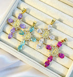Colar Cruz Crucifixo Zirconia Vermelho Verde Azul F Ouro 18k