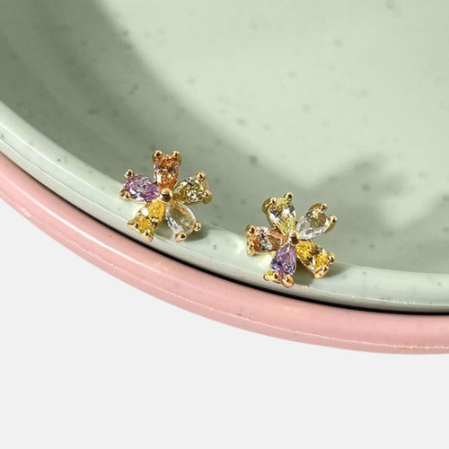 Brinco Flor Zirconia Pequeno Dourado Prata Colorido F. Ouro