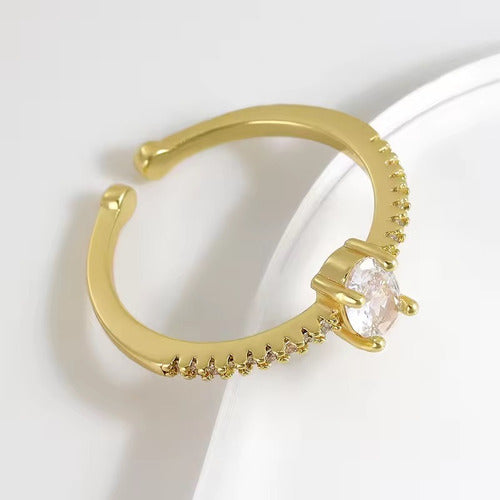 Anel Pedra Zirconia Festa Dourado Ajustável Folheado Oval