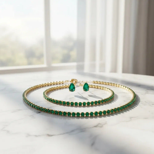 Colar Chocker Brinco Pulseira Riviera Gota Zircônia Verde Verde