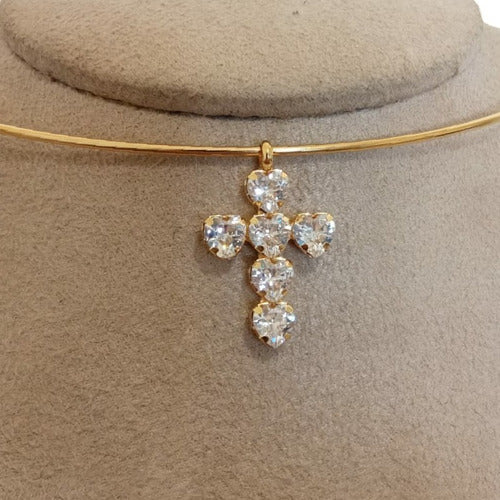 Colar Chocker Cruz Crucifixo Pedra Zirconia Folheado A Ouro