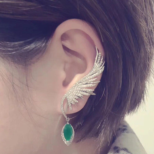 Brinco Ear Cuff Noiva Pedra Zirconia Prata Festa Verde Asas