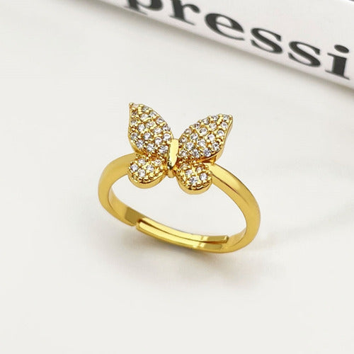 Anel Pedra Zirconia Borboleta Festa Dourado Ajustavel F Ouro