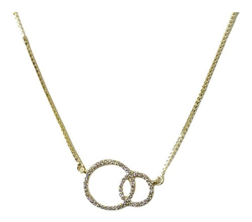 Colar Pedra Zirconia Círculo Duplo Aliança Folheado Ouro 18k