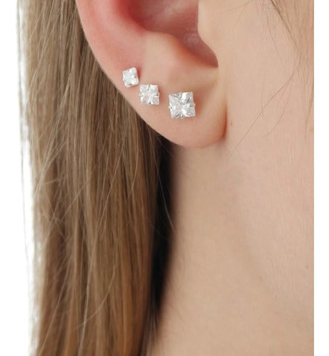Trio Brinco Pedra Zirconia Quadrado Prata 925 3 4 5 Mm