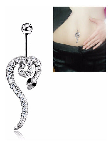 Piercing De Umbigo Prata Serpente Aço Cobra Strass