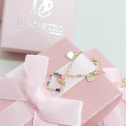 Pulseira Colorida F. Ouro 18k Com Zircônia Pingente Coração