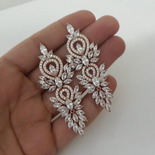 Brinco Noiva Pedra Zirconia Pendurado Dourado Rosê Festa