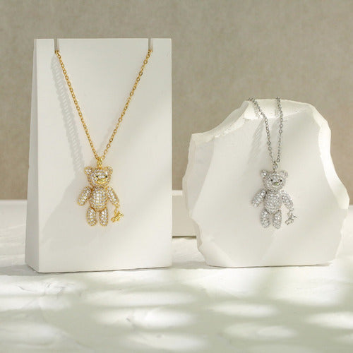 Colar Pingente Urso Ted Bear Dourado F Ouro Pedras Zirconias