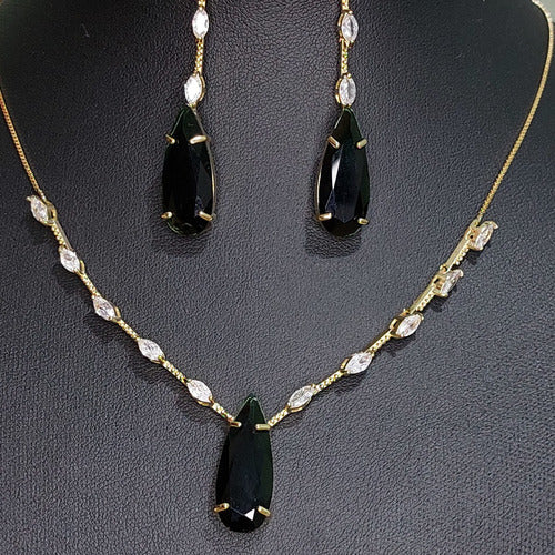 Conjunto Colar E Brinco Pedra Verde Zirconia Gota F Ouro 18k