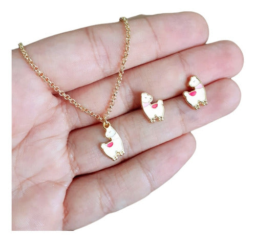 Conjunto Colar E Brinco Infantil Dama Daminha Lhama F. Ouro