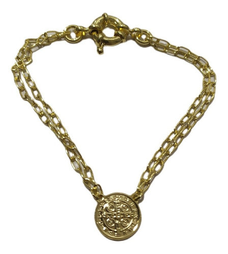 Pulseira Medalha De São Bento Folheada Ouro 18k Fecho Boia