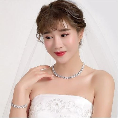 Conjunto Colar Brinco E Pulseira Noiva Zircônia Prata Festa