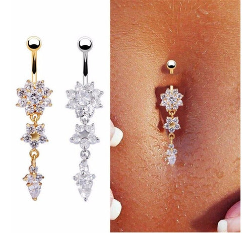 Piercing De Umbigo Pendurado Dourado Ou Prata Flor Zirconia