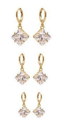 Trio Brinco Argola Pedra Zirconia Folheado Pingente Quadrado