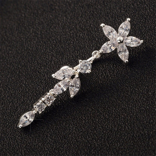 Piercing De Umbigo Prata Pendurado Flor Invertido Zirconia