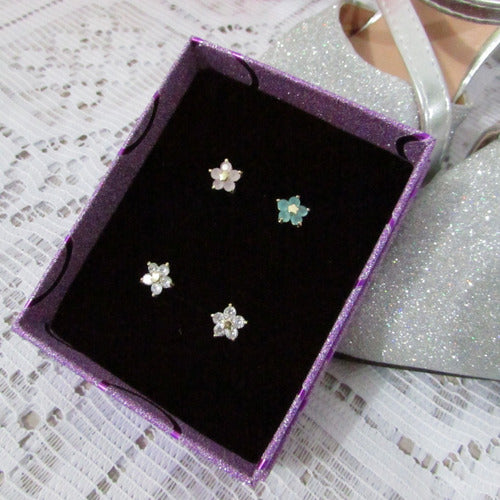 Brinco Flor Zirconia Pequeno Dourado Prata Rosa Verde F Ouro