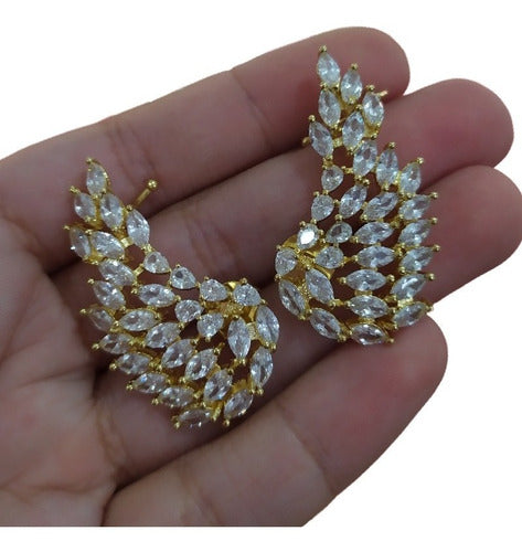 Brinco Ear Cuff Noiva Pedra Zirconia Asas Navete Folheado