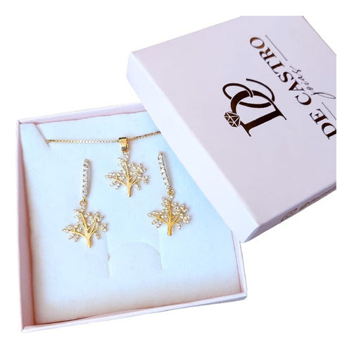 Conjunto Colar E Brinco Pedra Zirconia Árvore Da Vida F Ouro