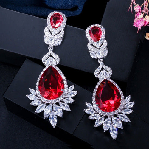 Brinco Noiva Zirconia Prata Festa Madrinha Vermelho Grande
