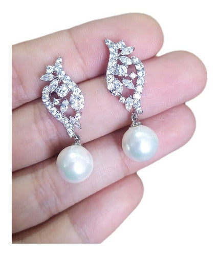 Brinco Pérola E Zirconia Noiva Pendurado Delicado Prata Fest