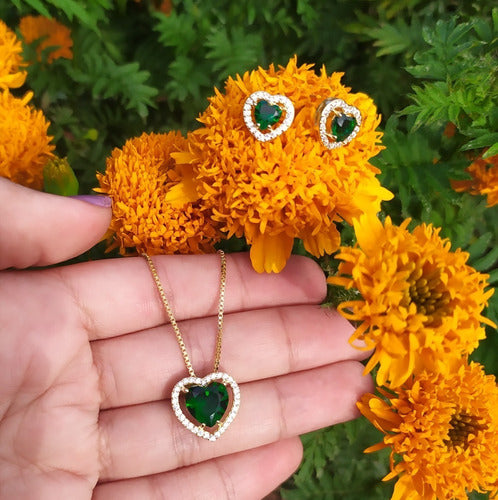 Conjunto Colar E Brinco Coração Pedra Zirconia Preto Verde