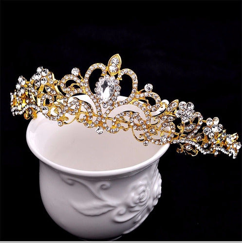Coroa Tiara Arranjo Cabelo Noiva Strass Dourada Debutante