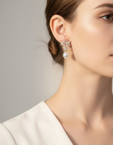 Brinco Noiva Zirconia Pérola  Dourado Pequeno Luxo