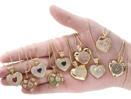 Colar Corrente Pedra Zirconia Coração Semijoia Verde F. Ouro