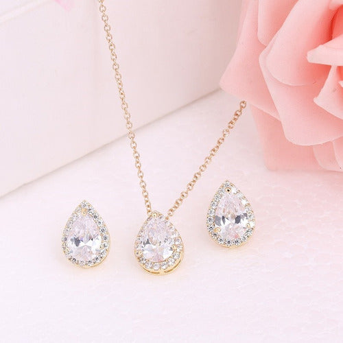 Conjunto Colar Brinco Noiva Pedra Zirconia Prata Dourad Gota