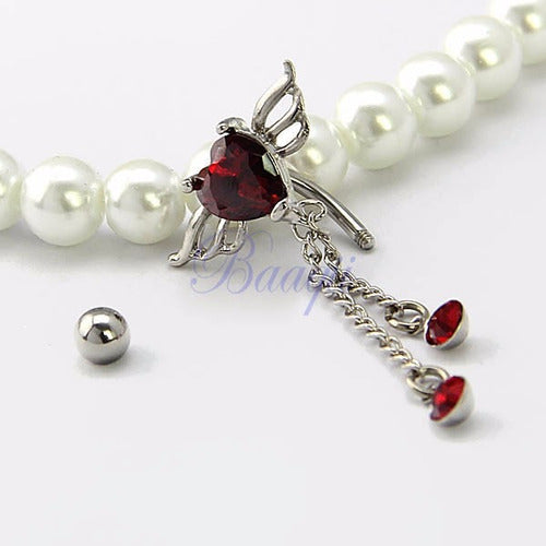 Piercing De Umbigo Invertido Zirconia Coração Prata Vermelho