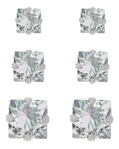 Trio Brinco Pedra Zirconia Quadrado Prata 925 3 4 5 Mm