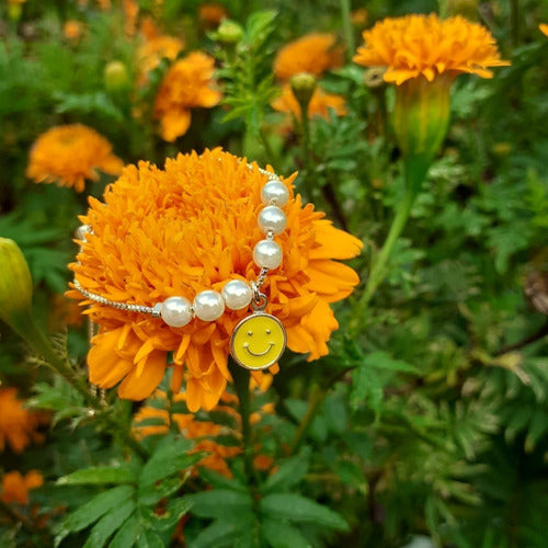 Pulseira Infantil Pingente Smile Pérola Folheada Semi Joia