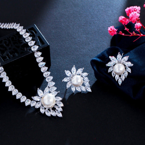 Colar Chocker Riviera Gota E Brinco Zircônia E Pérola Noiva