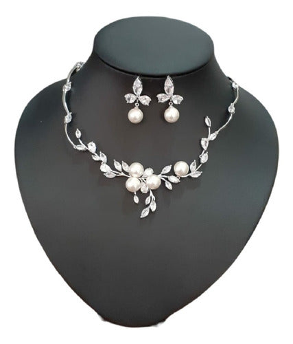 Colar E Brinco Noiva Zircônia E Pérola Prata Festa Debutante