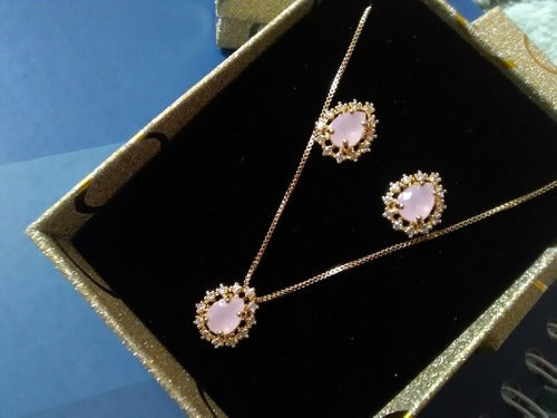 Conjunto Colar E Brinco Gota Pedra Rosê Zirconia F Ouro 18k