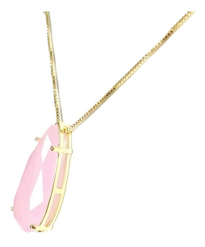Colar Pedra Zirconia Gota Rosa Leitosa Rosê Folheado Ouro 18