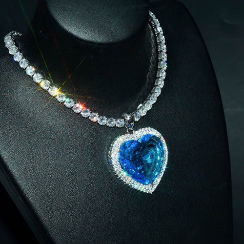 Colar Pedra Zirconia Coração Grande Titanic Verde Azul Luxo