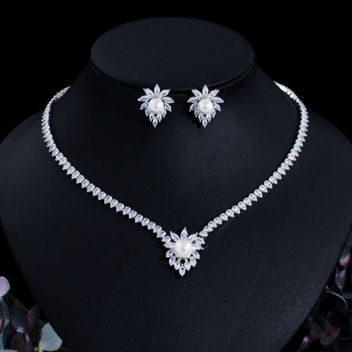 Colar Chocker Riviera Gota E Brinco Zircônia E Pérola Noiva