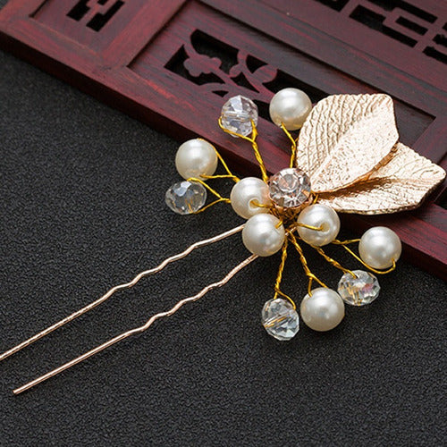 6 Arranjos Enfeite Aplique Dourado Cabelo Noiva Perola Dama