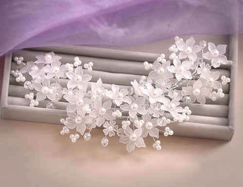 Enfeite Arranjo Tiara Cabelo Noiva Perola Cristal Prata